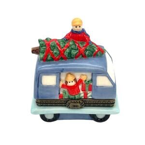 Porcelain Van Christmas Tree Tied to Top Presents Hinged Trinket Box by Foreside